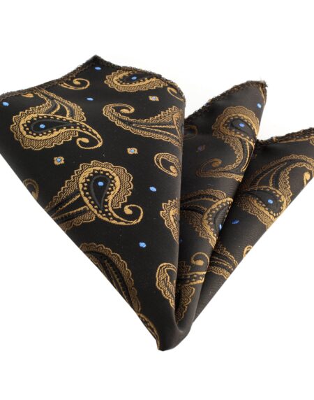 Men's Black Gold Paisley Pocket Square Hanky Handkerchief - Amedeo Exclusive