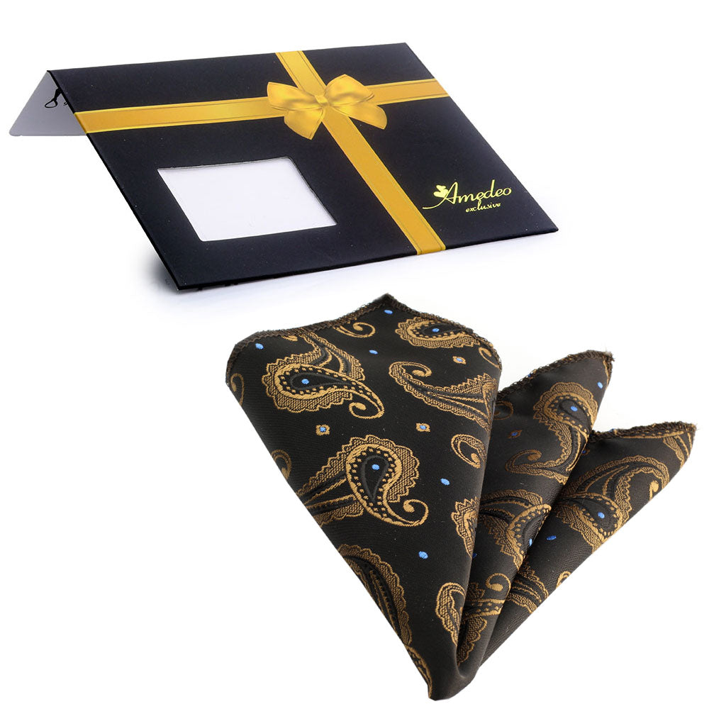 Men's Black Gold Paisley Pocket Square Hanky Handkerchief - Amedeo Exclusive