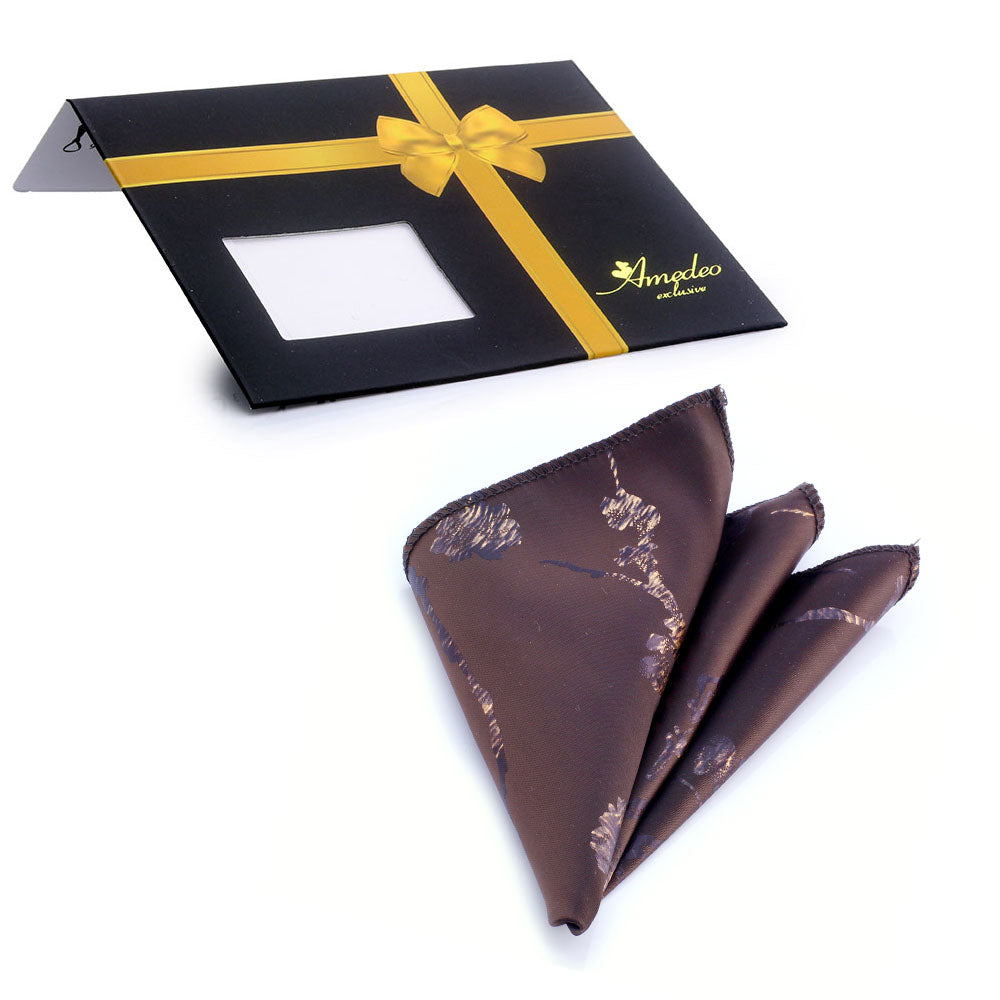 Men's Brown With Metalic Brown Design Pocket Square Hanky Handkerchief - Amedeo Exclusive