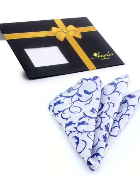 Men's Light Grey With Blue Floral Pocket Square Hanky Handkerchief - Amedeo Exclusive