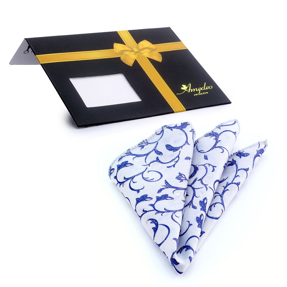 Men's Light Grey With Blue Floral Pocket Square Hanky Handkerchief - Amedeo Exclusive
