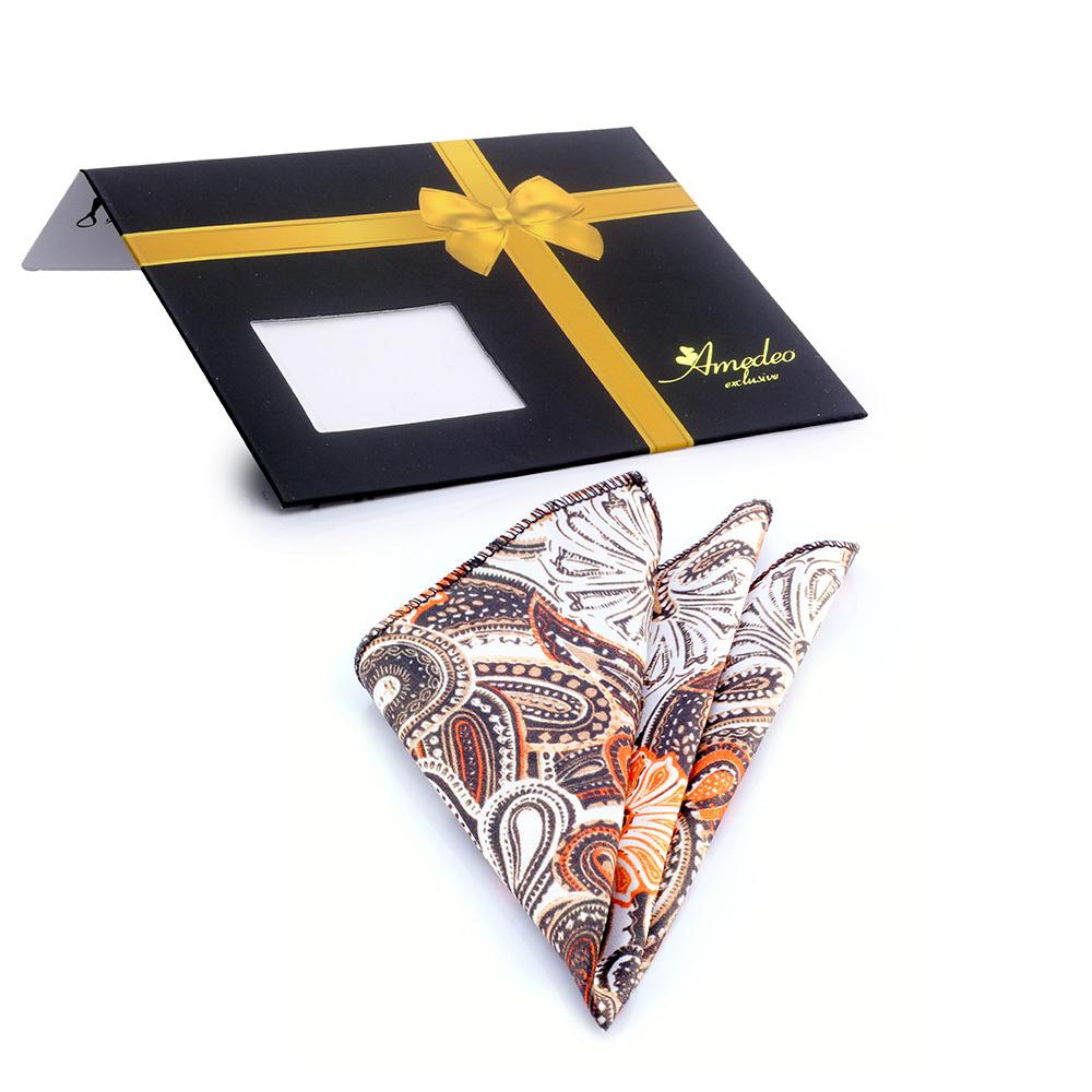 Men's Tan Orange & Brown Paisley Handkerchief - Amedeo Exclusive