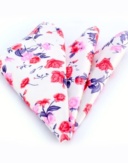 Men's White with Red & Pink Roses Pocket Square Hanky Handkerchief - Amedeo Exclusive