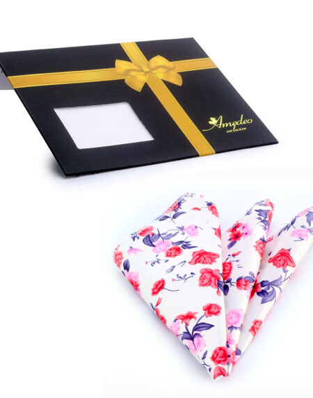 Men's White with Red & Pink Roses Pocket Square Hanky Handkerchief - Amedeo Exclusive