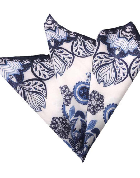 Men's Blue White Black Floral Pocket Square Hanky Handkerchief - Amedeo Exclusive