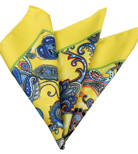 Men's Yellow Blue Red Paisley Pocket Square Hanky Handkerchief - Amedeo Exclusive