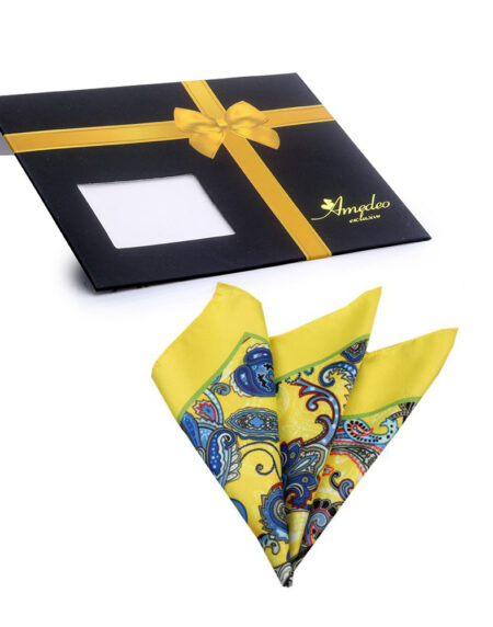 Men's Yellow Blue Red Paisley Pocket Square Hanky Handkerchief - Amedeo Exclusive