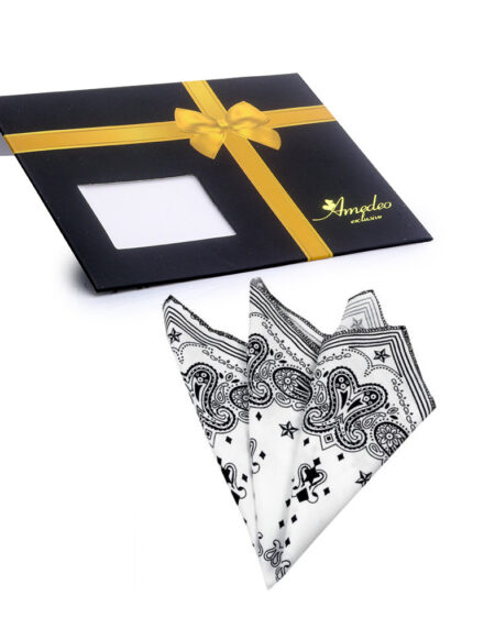 Men's White Black Paisley Pocket Square Hanky Handkerchief - Amedeo Exclusive