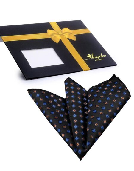 Men's Black with Metallic Blue & Gold Pocket Square Hanky Handkerchief - Amedeo Exclusive