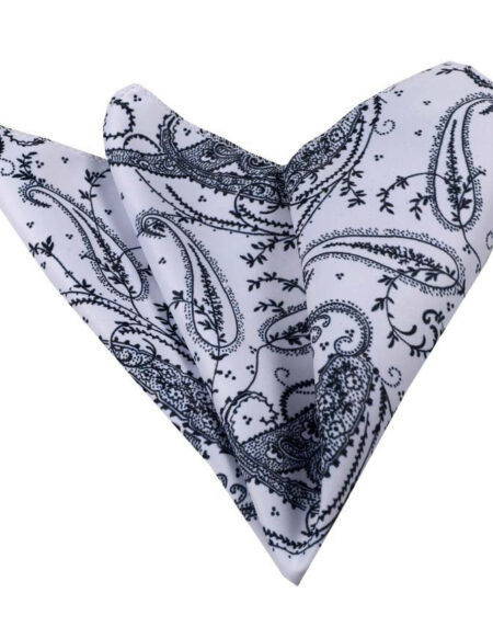 Men's White with Navy Blue Paisley Pocket Square Hanky Handkerchief - Amedeo Exclusive