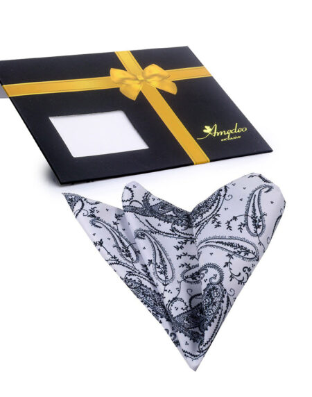 Men's White with Navy Blue Paisley Pocket Square Hanky Handkerchief - Amedeo Exclusive