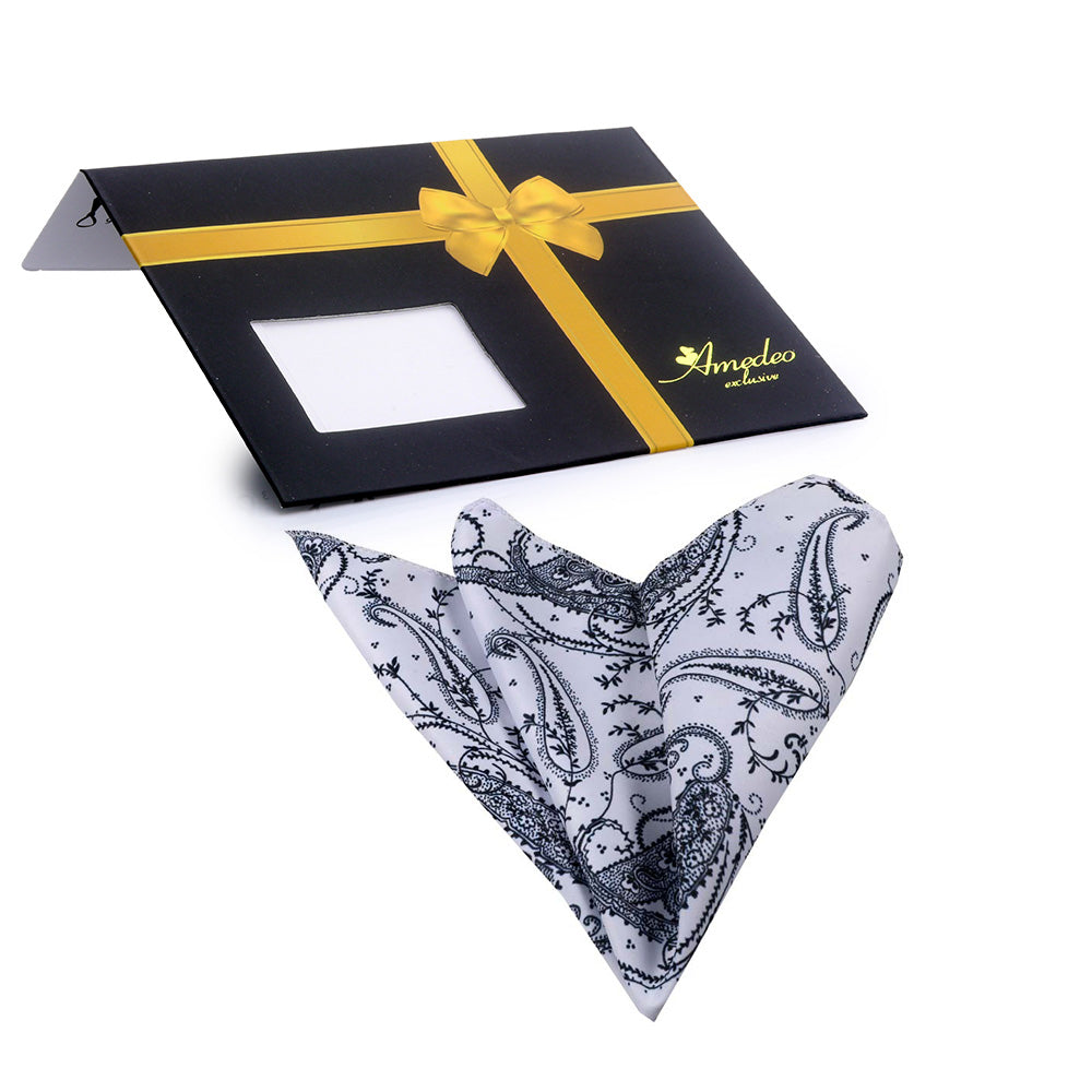 Men's White with Navy Blue Paisley Pocket Square Hanky Handkerchief - Amedeo Exclusive