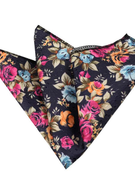 Men's Navy Blue with Flowers Pocket Square Hanky Handkerchief - Amedeo Exclusive