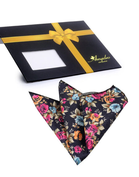 Men's Navy Blue with Flowers Pocket Square Hanky Handkerchief - Amedeo Exclusive