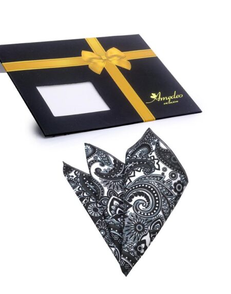 Men's Black & White Paisley Pocket Square Hanky Handkerchief - Amedeo Exclusive