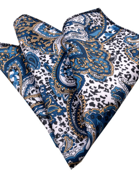 White Blue Tan Paisley Mens Pocket Square - Premium Silk Handkerchiefs for Suits - Amedeo Exclusive