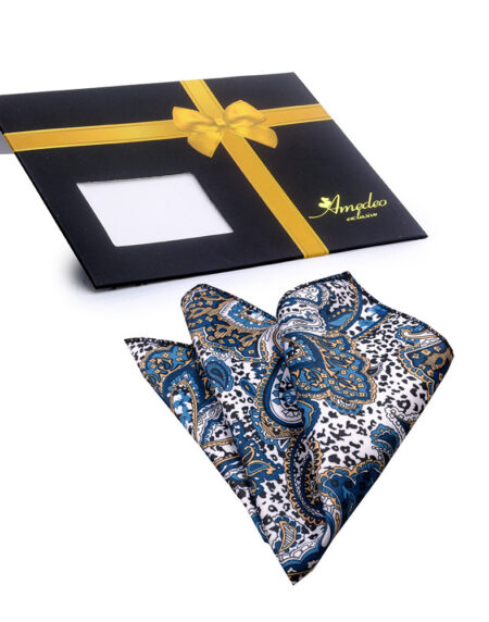 White Blue Tan Paisley Mens Pocket Square - Premium Silk Handkerchiefs for Suits - Amedeo Exclusive