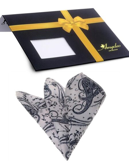 Men's Black White Paisley Pocket Square Hanky Handkerchief - Amedeo Exclusive