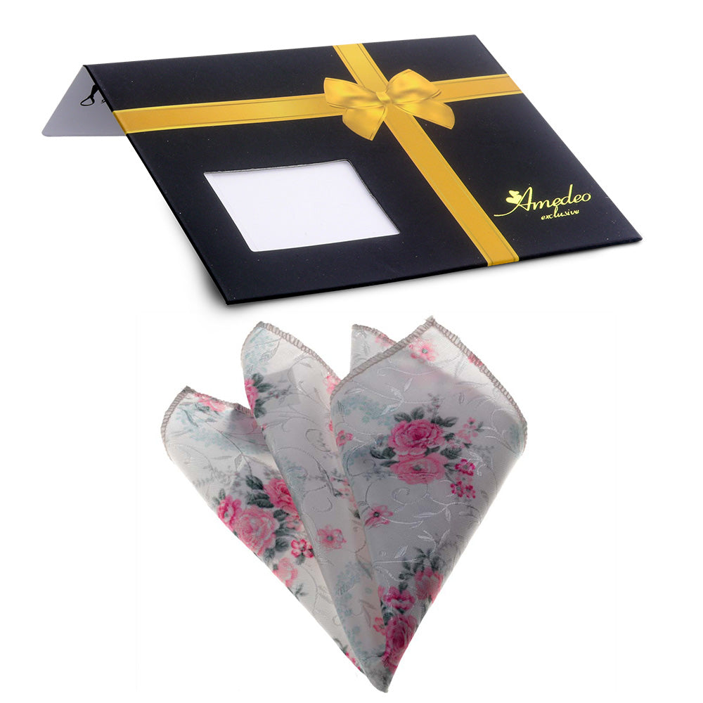 Men's Rose white floral Pocket Square Hanky Handkerchief - Amedeo Exclusive