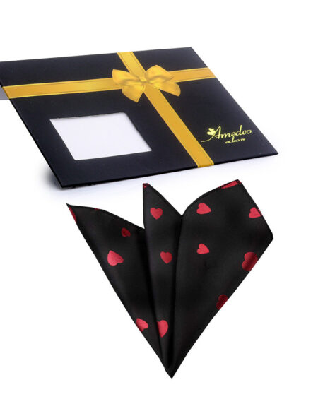 Men's Solid black with red hearts Pocket Square Hanky Handkerchief - Amedeo Exclusive