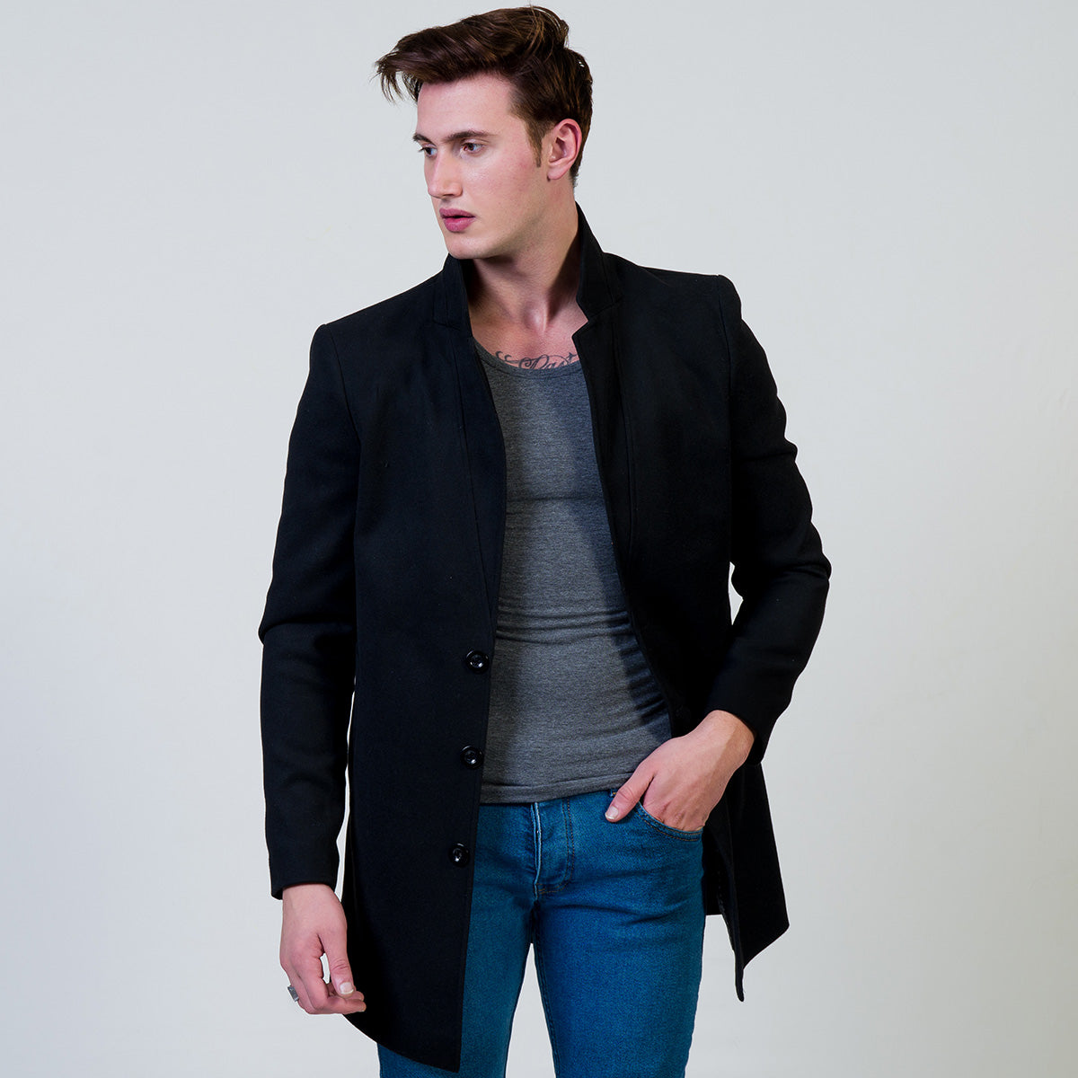 Men's European Black Wool Coat Jacket Tailor fit Fine Luxury Quality Work and Casual - Image 4