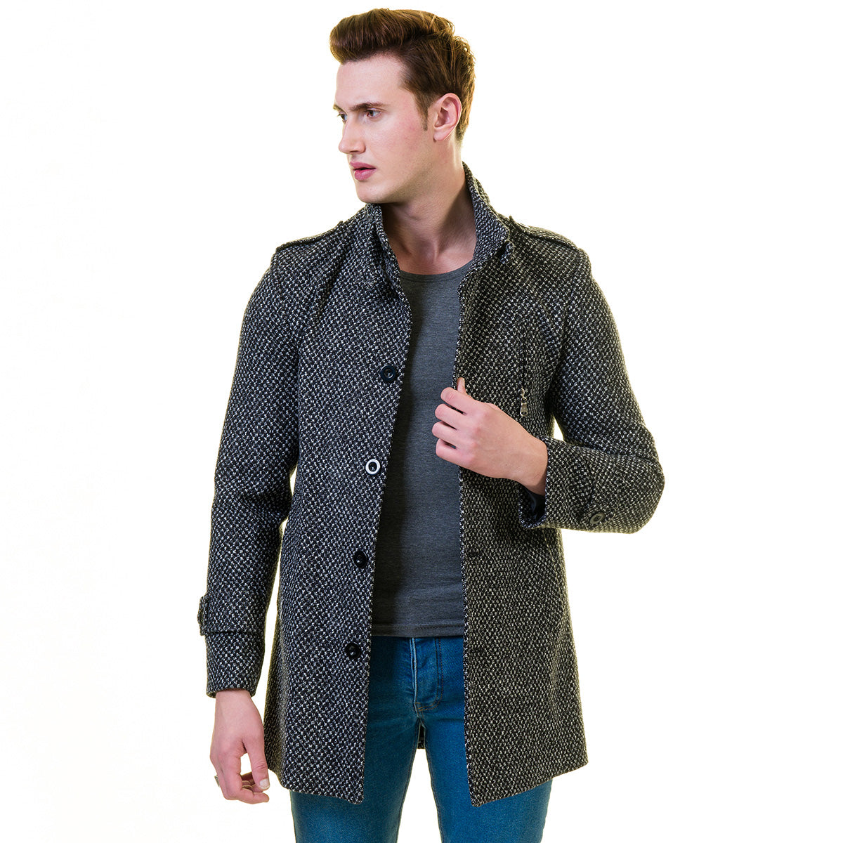 Men's European Black and White Dotted Wool Coat Jacket Tailor fit Fine Luxury Quality Work and Casual - Image 4