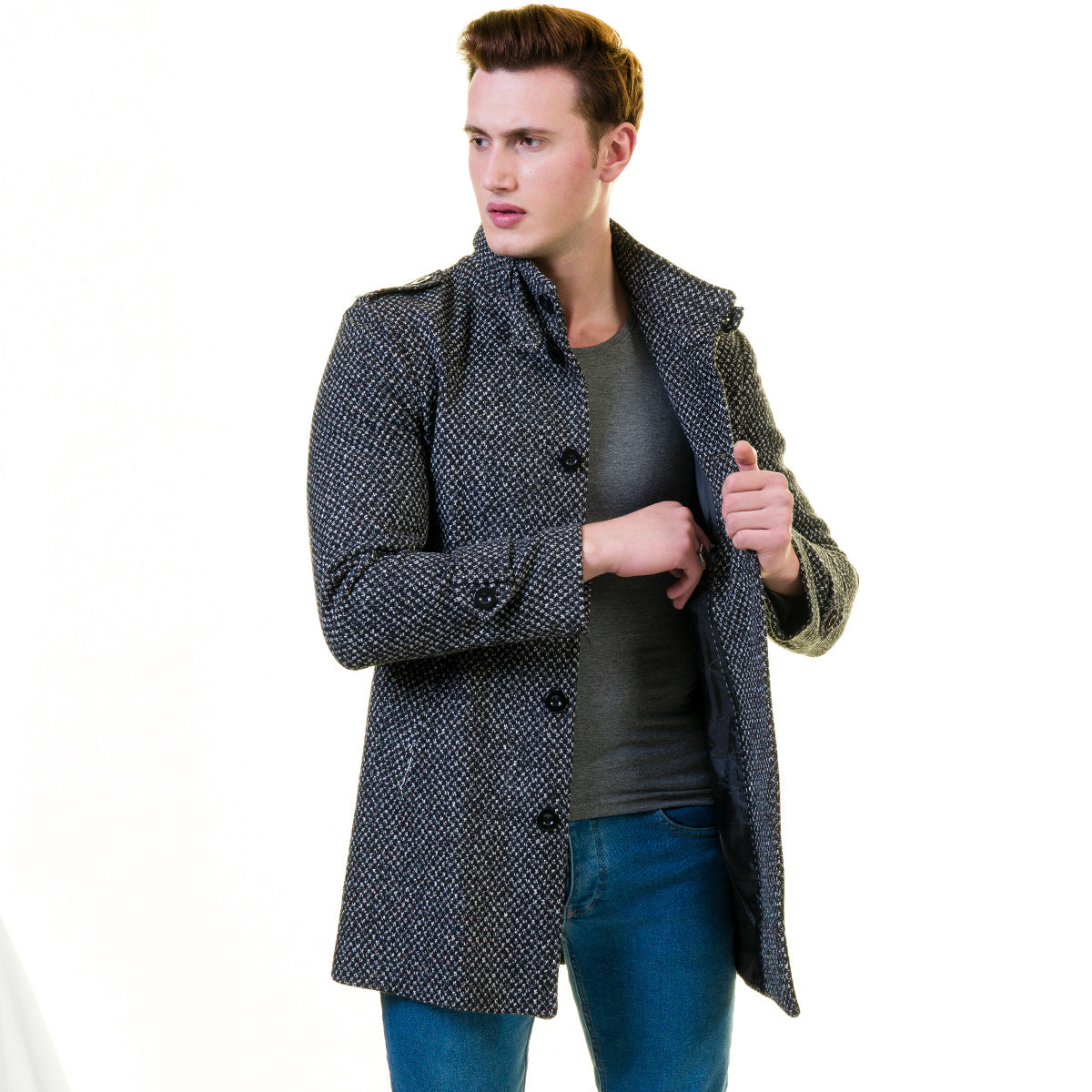 Men's European Black and White Dotted Wool Coat Jacket Tailor fit Fine Luxury Quality Work and Casual - Image 3