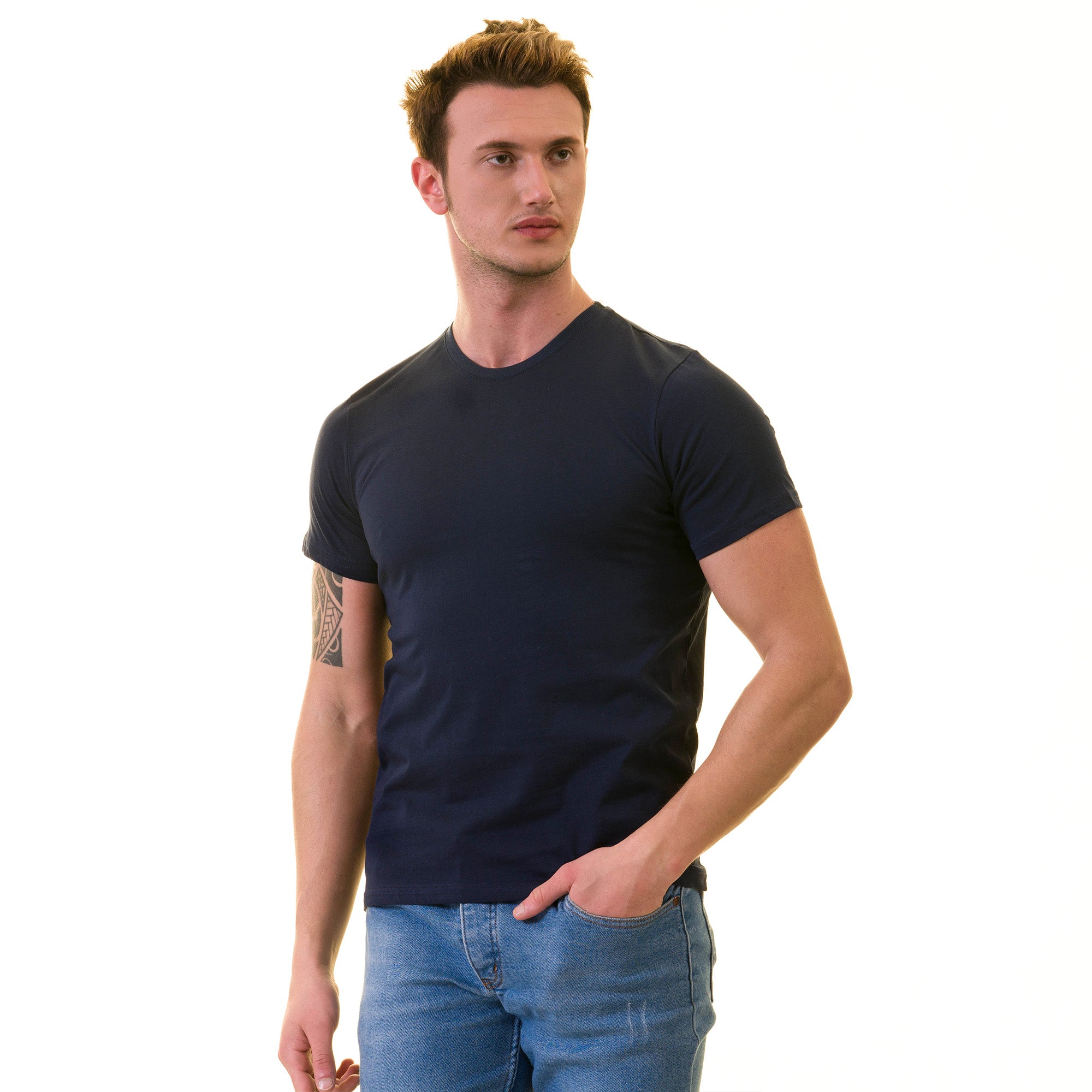 Navy Blue European T-Shirt - Premium Cotton Crew Neck Short Sleeve Men’s T-Shirt - Image 2