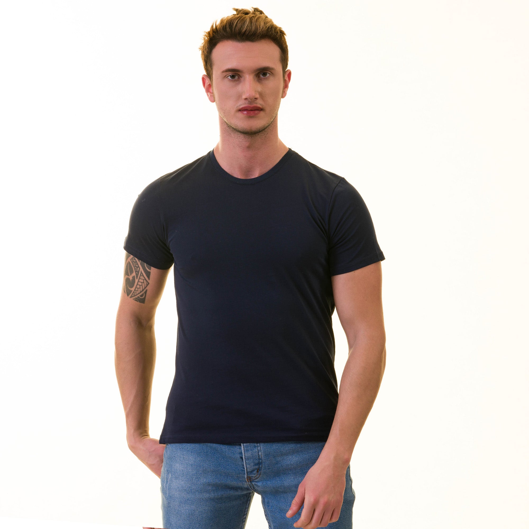 Navy Blue European T-Shirt - Premium Cotton Crew Neck Short Sleeve Men’s T-Shirt - Image 4