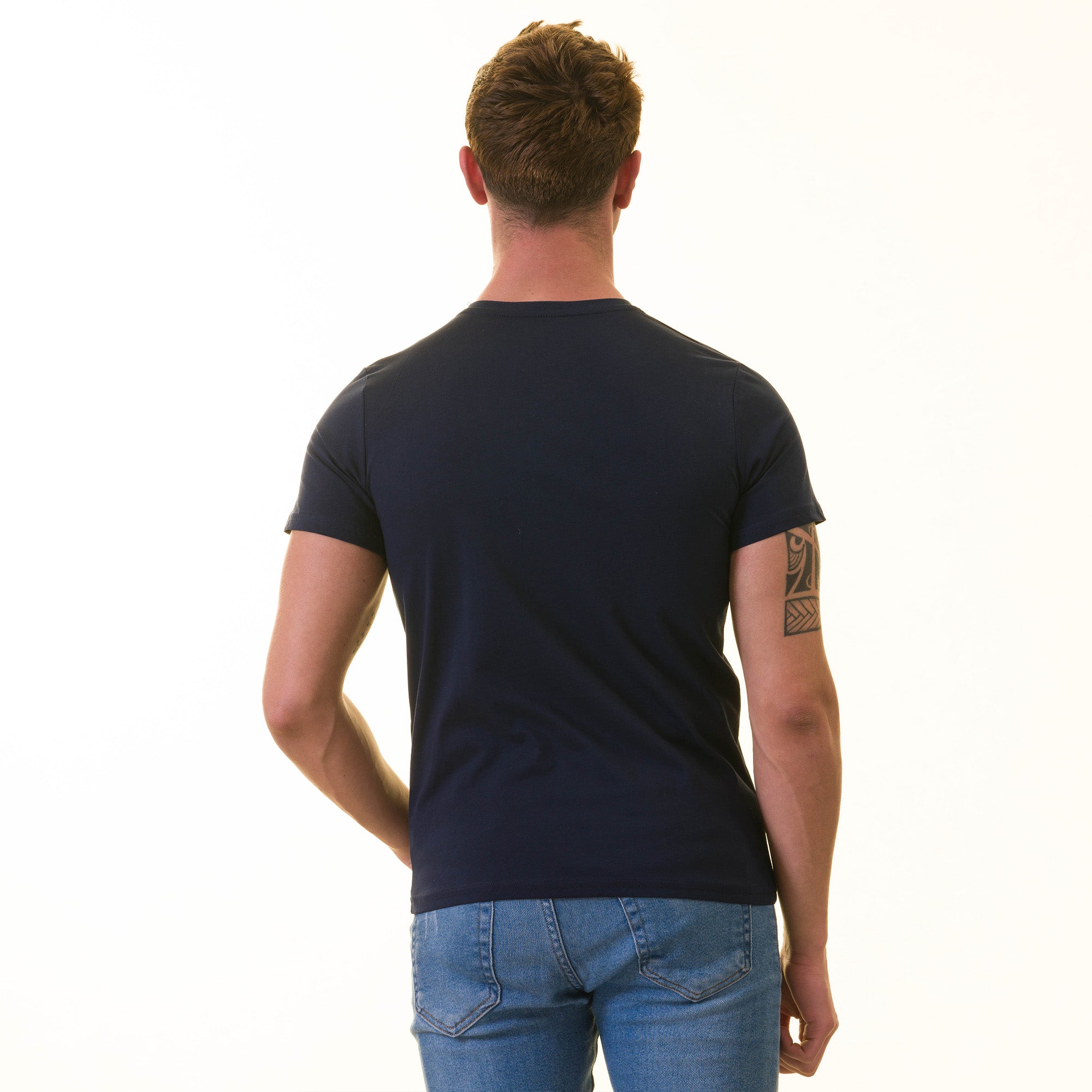 Navy Blue European T-Shirt - Premium Cotton Crew Neck Short Sleeve Men’s T-Shirt - Image 3