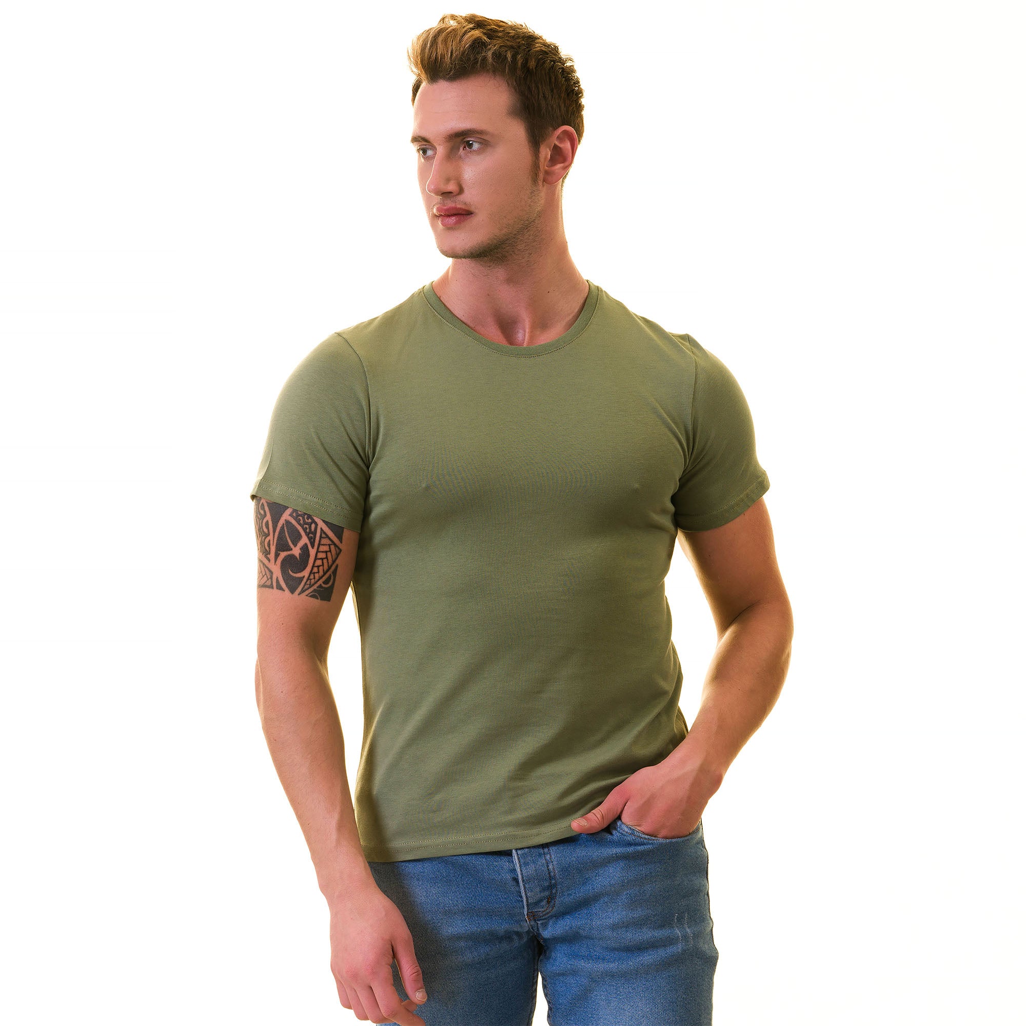Khaki European T-Shirt - Premium Cotton Crew Neck Short Sleeve T-Shirt for Mens