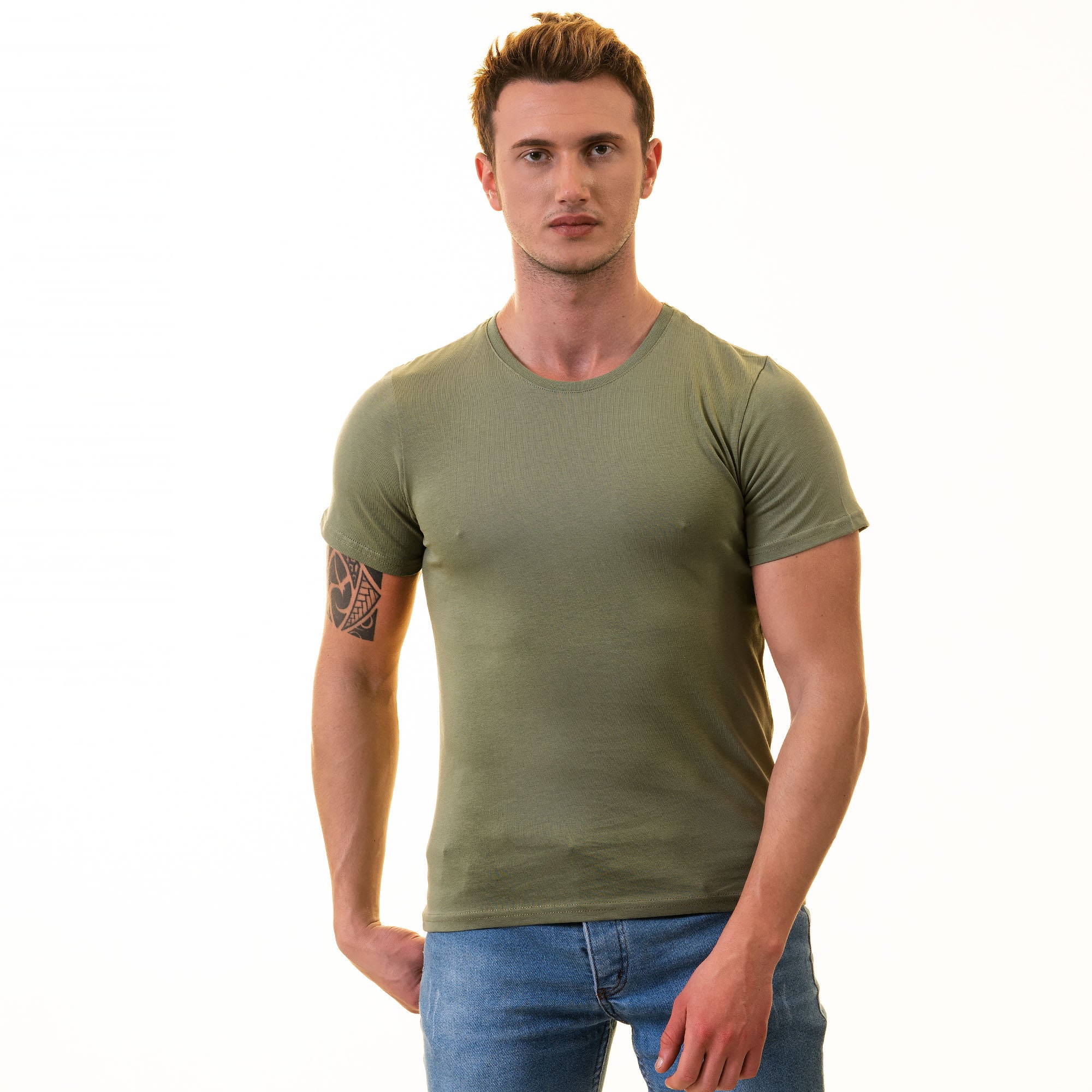 Khaki European T-Shirt - Premium Cotton Crew Neck Short Sleeve T-Shirt for Mens - Image 2
