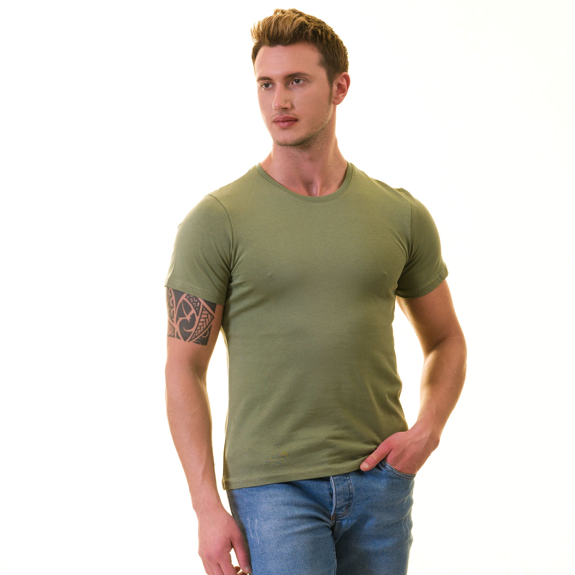 Khaki European T-Shirt - Premium Cotton Crew Neck Short Sleeve T-Shirt for Mens - Image 3