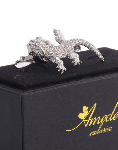 Men's Silver Aligator With Stones Shiny Metallic Stainless Steel Tie Clips - Amedeo Exclusive