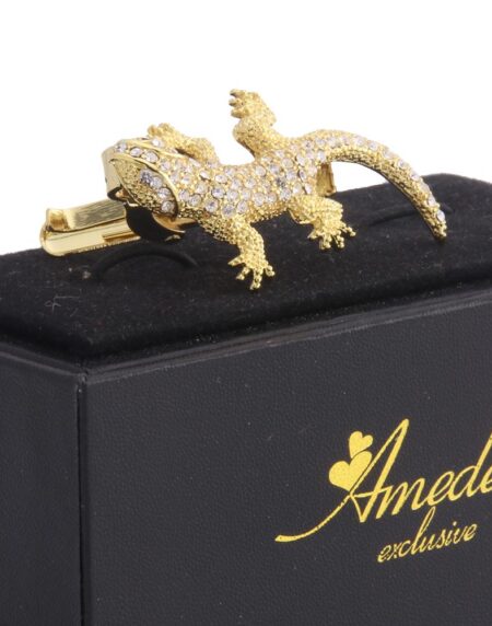 Men's Gold Aligator With Stones Metallic Stainless Steel Tie Clips - Amedeo Exclusive