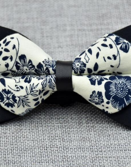 Men's White Blue Floral 100% Cotton Elegant Pre-Tied Bow Tie - Amedeo Exclusive