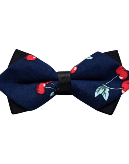 Men's Navy Blue Red Cherries 100% Cotton Pre-Tied Bow Tie - Amedeo Exclusive