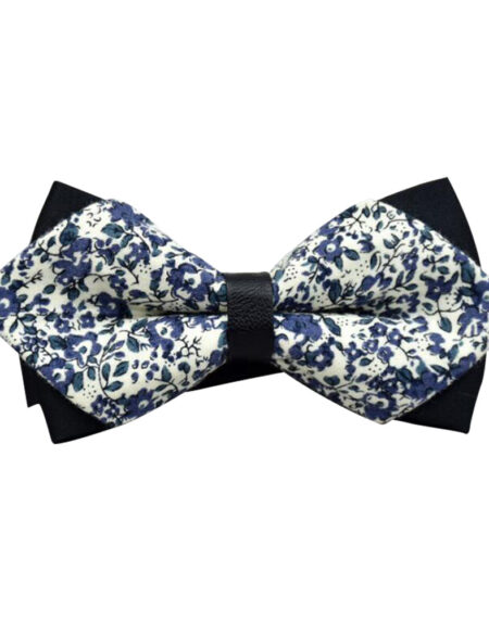 Men's White Blue Floral 100% Soft Cotton Pre-Tied Bow Tie - Amedeo Exclusive