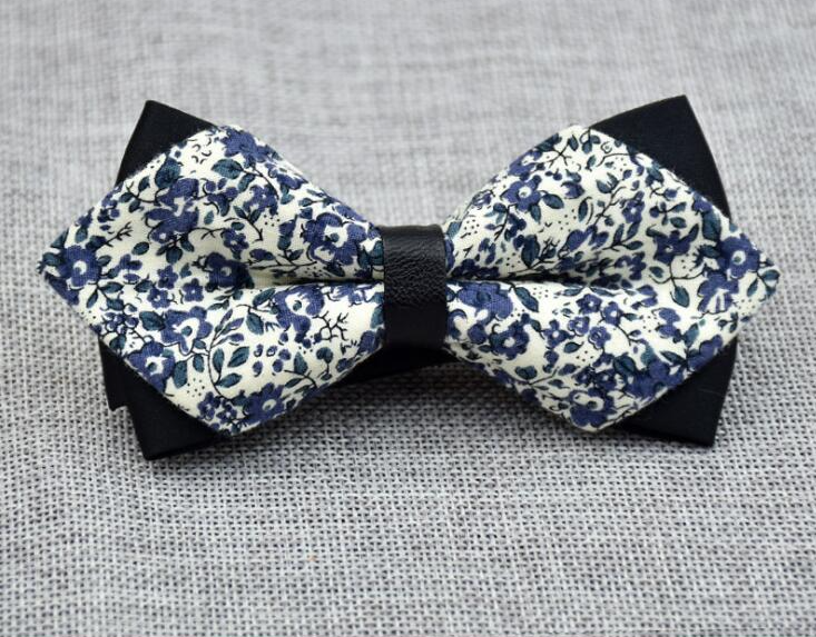Men's White Blue Floral 100% Soft Cotton Pre-Tied Bow Tie - Amedeo Exclusive