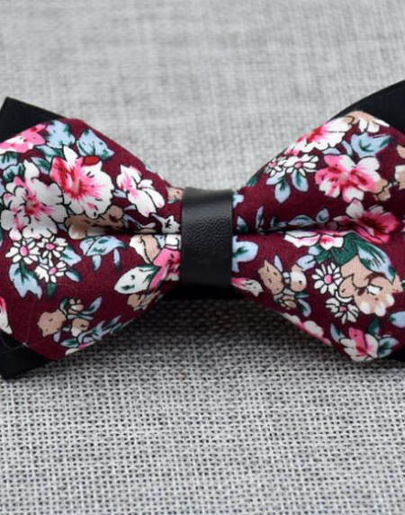 Men's Burgundy Pink Floral 100% Cotton Pre-Tied Bow Tie - Amedeo Exclusive