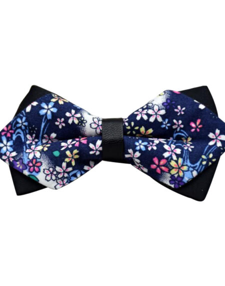 Men's Navy Blue Colorful Floral 100% Cotton Pre-Tied Bow Tie - Amedeo Exclusive