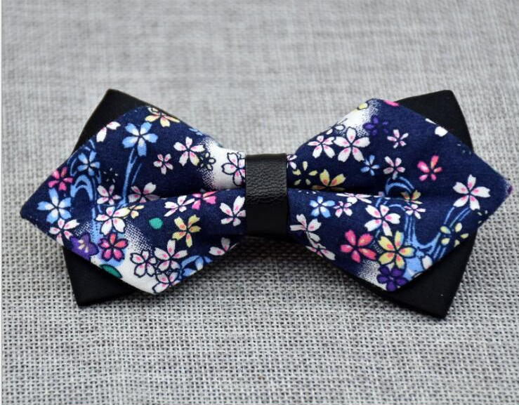 Men's Navy Blue Colorful Floral 100% Cotton Pre-Tied Bow Tie - Amedeo Exclusive