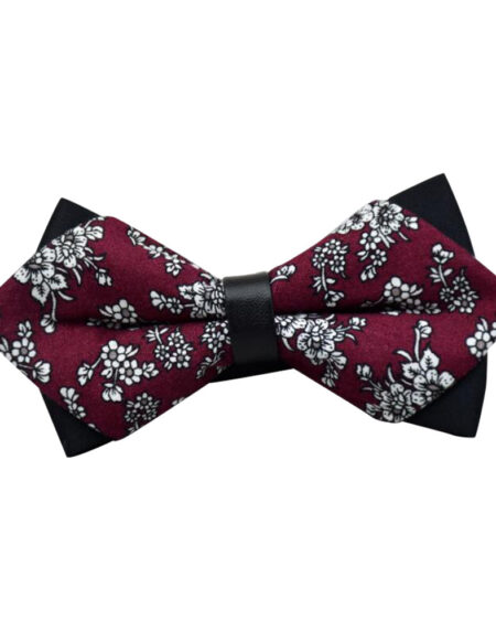 Men's Burgundy Grey Floral 100% Cotton Pre-Tied Bow Tie - Amedeo Exclusive