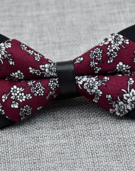 Men's Burgundy Grey Floral 100% Cotton Pre-Tied Bow Tie - Amedeo Exclusive