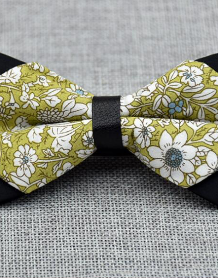 Men's Mustard Green Floral 100% Cotton Pre-Tied Bow Tie - Amedeo Exclusive