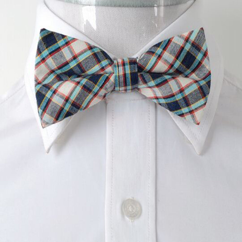 Men's Beige Turquoise Blue Nova Plaid Silk Pre-Tied Bow Tie - Amedeo Exclusive
