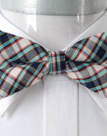 Men's Beige Turquoise Blue Nova Plaid Silk Pre-Tied Bow Tie - Amedeo Exclusive