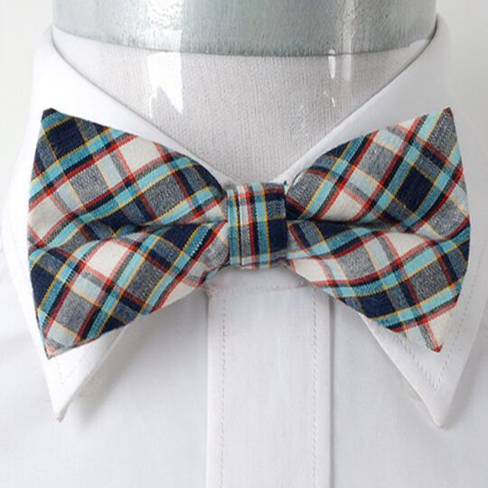 Men's Beige Turquoise Blue Nova Plaid Silk Pre-Tied Bow Tie - Amedeo Exclusive