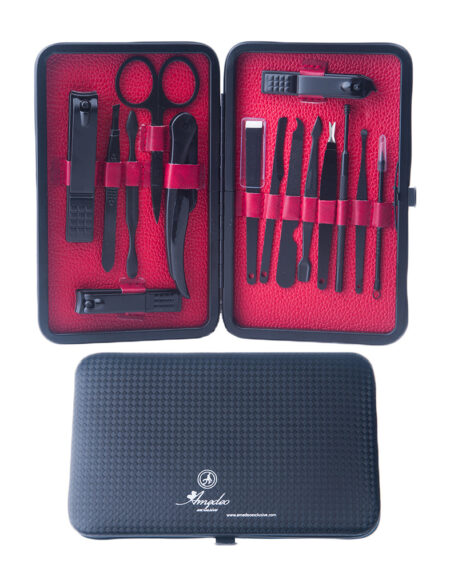 Unisex Stainless Steel 15 Piece Black Chrome & Red Leather Manicure & Pedicure Set - Amedeo Exclusive