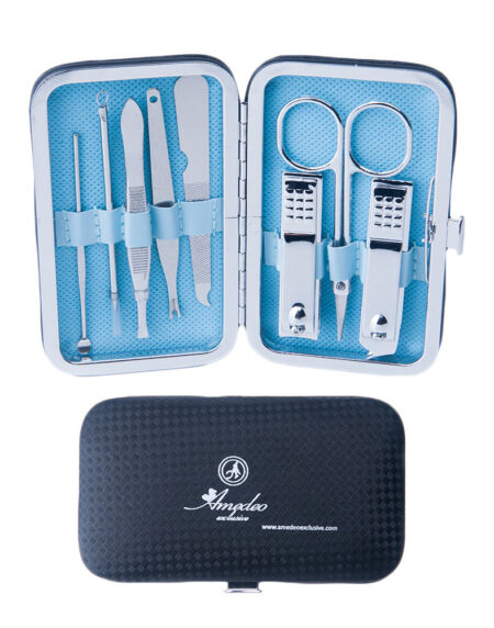 Unisex Silver Stainless Steel Light Blue 8 Piece Manicure Pedicure Set - Amedeo Exclusive